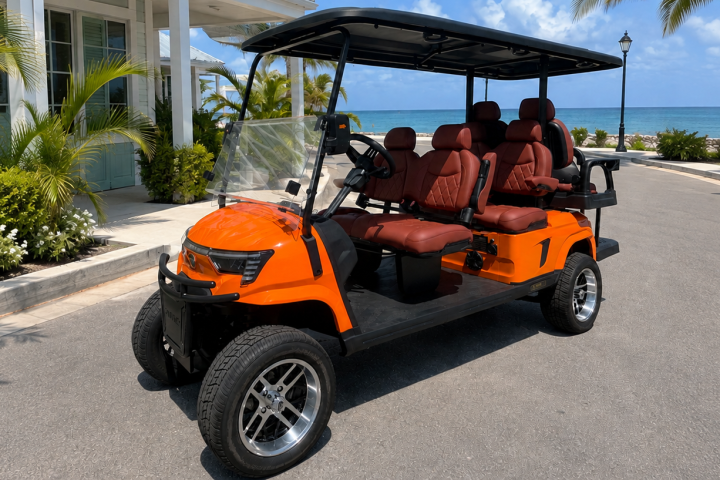 Orange golf cart with red seats on a coastal road, palm trees and ocean in the background.
