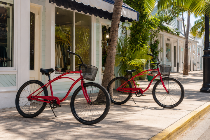 Two red bicycles parked on a sunny street with palm trees.