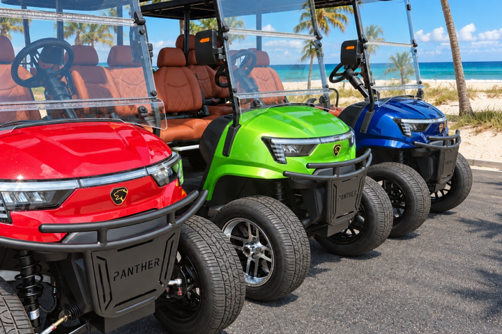 Three colorful golf carts parked by a beach with palm trees.