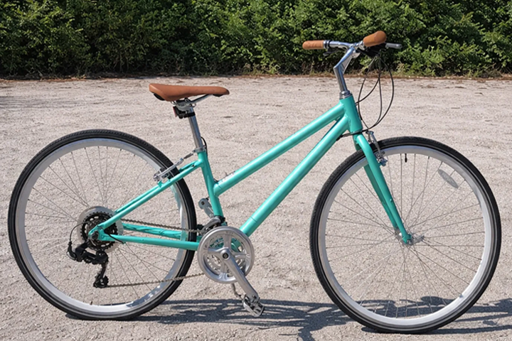 Light blue step-through bicycle with brown seat and handles on gravel, green bushes in background.