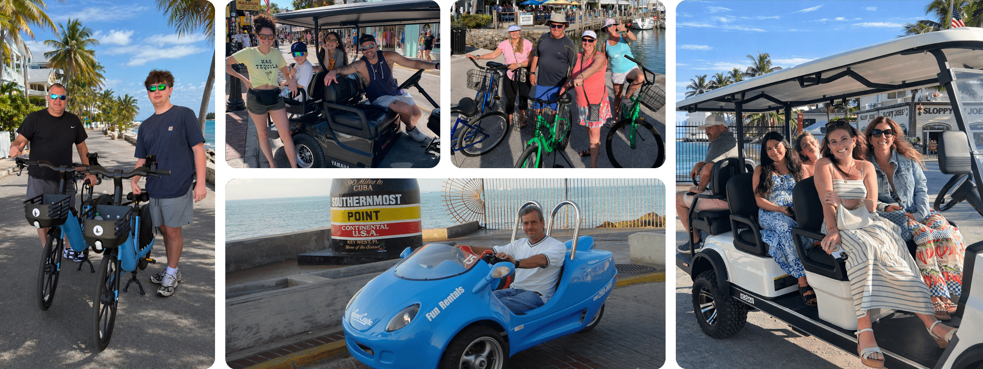 Collage of people on bikes, golf carts, small car in sunny coastal area.
