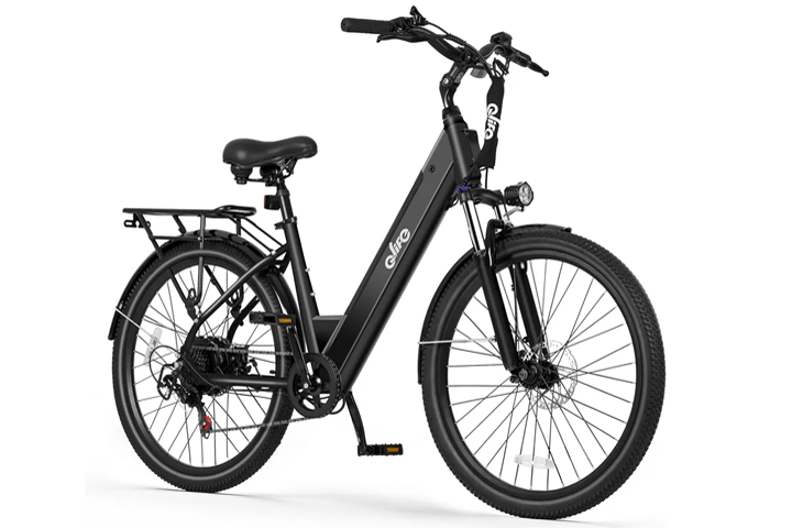 Black electric bicycle with rear rack and thick tires on white background.