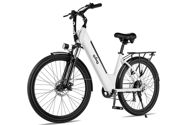 White electric bicycle with step-through frame and rear rack.