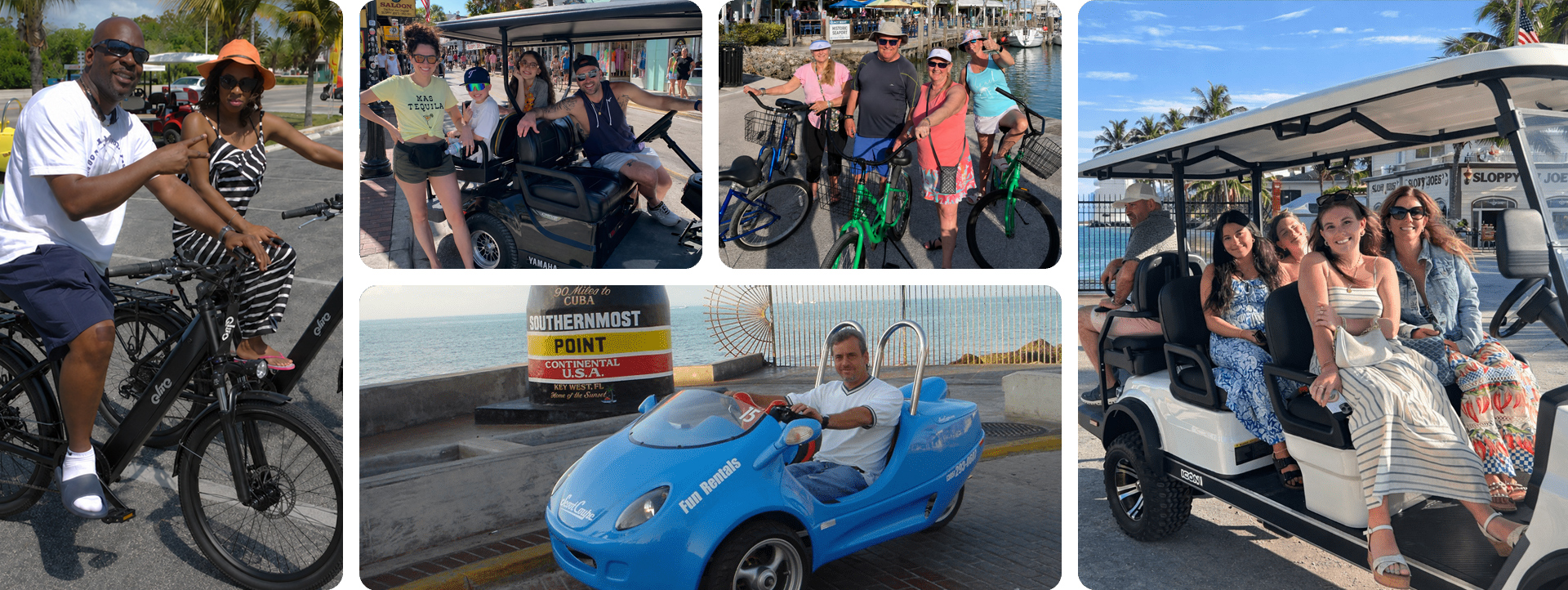 Collage of people enjoying various vehicles and activities in sunny outdoor settings.